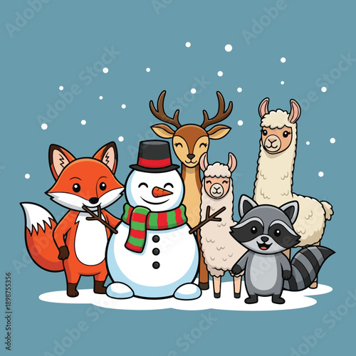 Cute winter scene with smiling snowman wearing hat and scarf surrounded by fox deer raccoon and two llamas under snow falling
