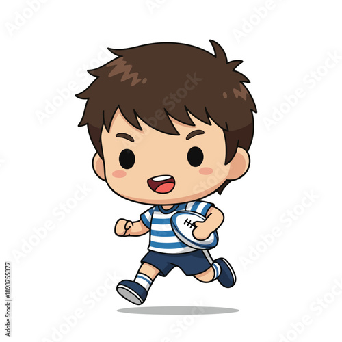 Cute cartoon boy running with rugby ball wearing blue striped shirt and shorts smiling happy playful vector illustration