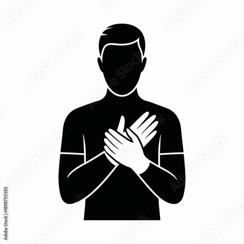 Silhouette of person with clasped hands over chest symbolizing gratitude or respect isolated on white background, Vector, illustration