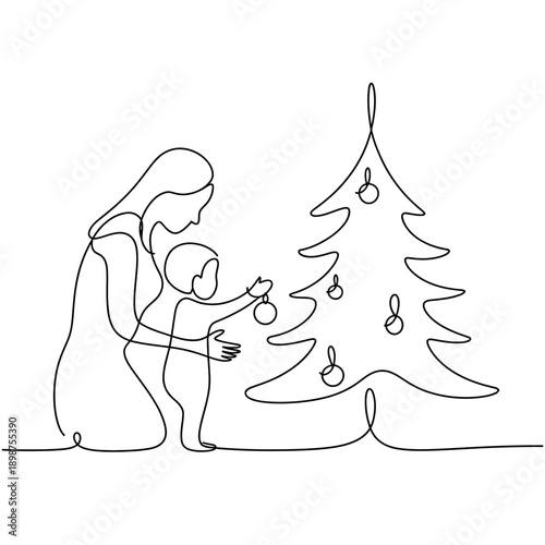 Simple line drawing of a woman decorating a christmas tree with a child isolated on white background, Vector, illustration