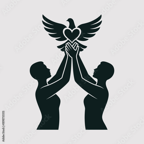 Two figures supporting a heart with wings symbolizing love and protection isolated on white background, Vector, illustration