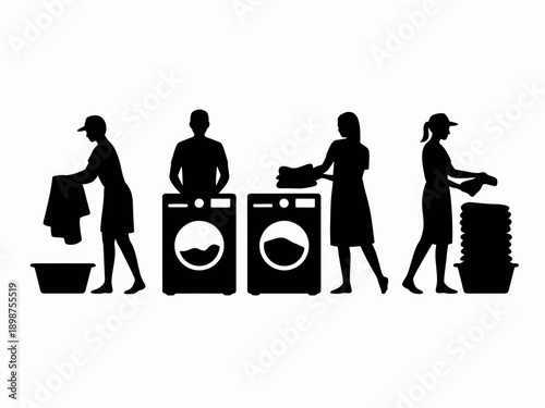 Silhouettes of people using various household appliances and items in a kitchen setting isolated on white background, Vector, illustration