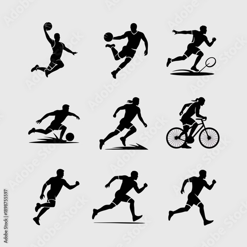Sports icon set with 9 silhouette athletes