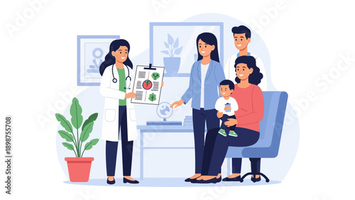 Healthcare Consultation: A medical professional engages in a consultation with a family, illustrating the exchange of information and care within a healthcare setting.