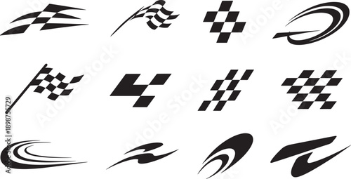 Various racing and speed checkered flags swirls white background