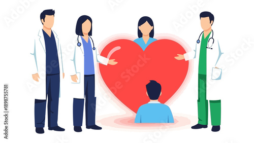 Empathy and Care: Doctors and nurses work together, holding a vibrant red heart, symbolizing healthcare, dedication, and patient care. 