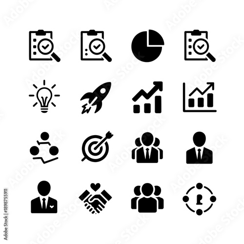 Business and finance icon collection. Includes 16 icons: checklists, pie chart, light bulb, rocket, graphs, targets, people, handshake. Created in minimalistic style with black and white color