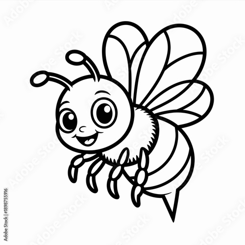 A cheerful cartoon bee with wings spread wide and a smiling face isolated on white background, Vector, illustration