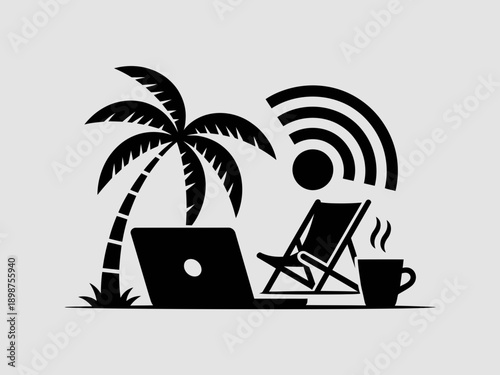 Relaxing tropical workspace with technology and nature blending seamlessly together isolated on white background, Vector, illustration