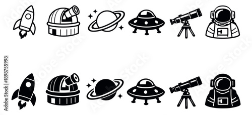 Line art and solid astronomy icon set featuring rocket, observatory, planet, ufo, telescope, and astronaut for space exploration