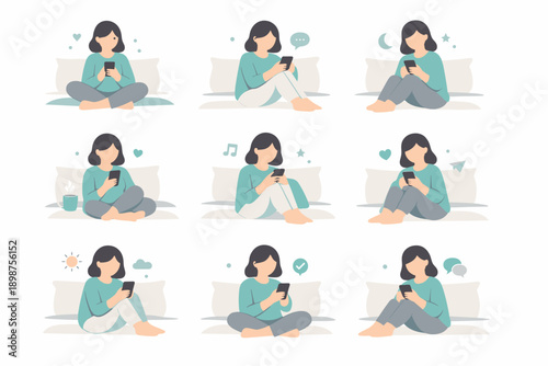 Woman relaxing at home and enjoying leisure activities flat illustration set for calm lifestyle and rest