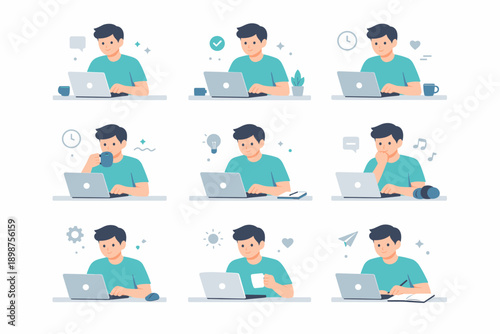 Man working and studying at desk flat illustration set for productivity, remote work and online learning