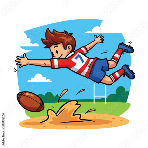 Colorful cartoon boy diving to catch rugby ball splashing muddy water in outdoor sports field bright sunny day