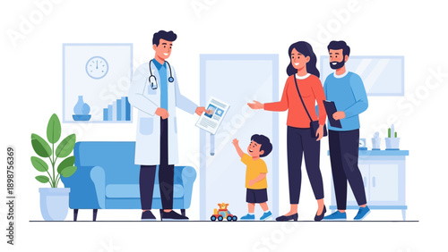 Doctor's Visit Illustration: A healthcare professional consults with a family in a medical setting, reviewing medical records, highlighting the importance of preventative care and family well-being.
