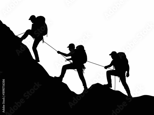 Team of climbers ascending a steep rocky terrain together with safety ropes. isolated on white background, Vector, illustration
