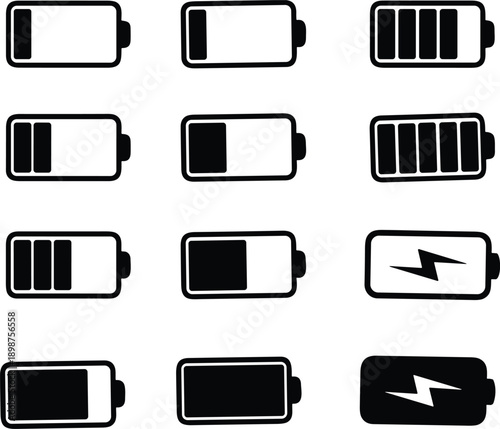 Battery icon set. battery charge level. battery Charging icon. Charge indicator. Power low up status batteries logo