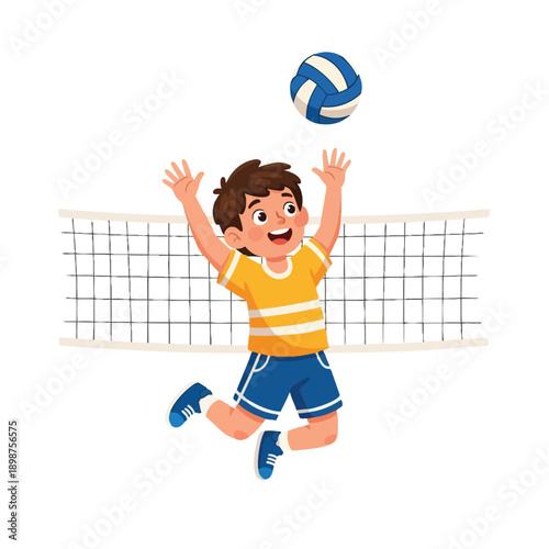 Colorful vector art of happy boy jumping to hit volleyball over net in blue shorts and yellow shirt playing sport action