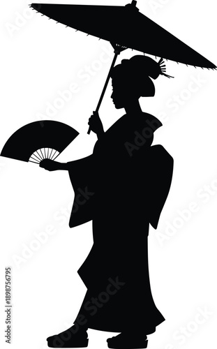 Japanese geisha silhouette illustration, traditional woman holding paper umbrella and folding fan, classic kimono culture, elegance and heritage concept isolated on white