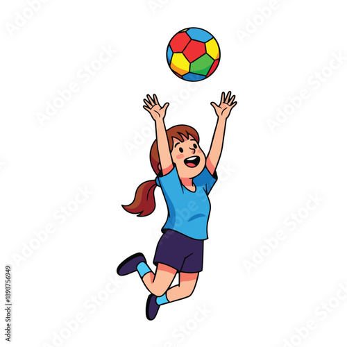 Colorful flat vector art depicting a smiling girl jumping to catch a multicolor ball during an active playtime scene