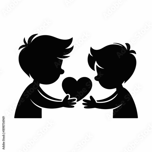Black silhouette of two children sharing a heart