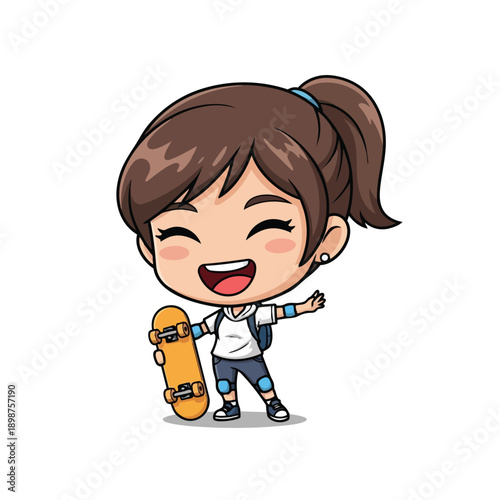 Chibi style happy girl holding orange skateboard wearing white shirt and knee pads with ponytail hair smiling widely