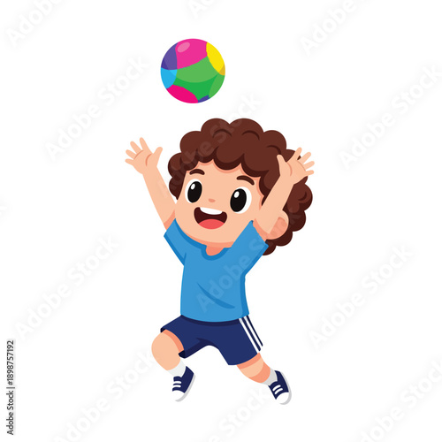 Colorful flat design of a happy curly haired boy jumping and catching a multicolor ball wearing blue sportswear