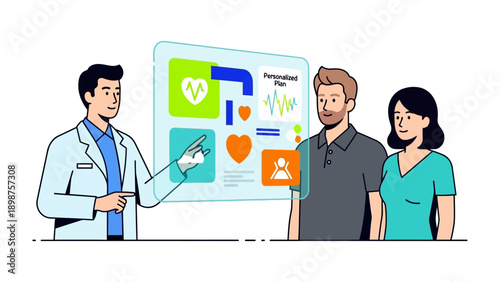 Health Consultation: A medical professional provides guidance to a couple, using an interactive display to explain health metrics and personalized information.