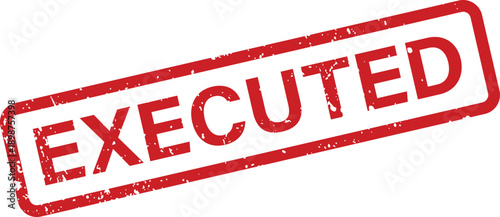 Red grunge textured executed stamp label printed with a bold message on a clean white background