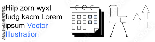 Business growth, productivity, planning, time management, corporate success, office workspace. A calendar, office chair and arrows pointing upward. Productivity and planning