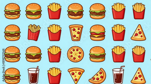 A colorful vector graphic illustration of various fast food items