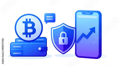 A vector graphic illustration of a secure mobile cryptocurrency transaction