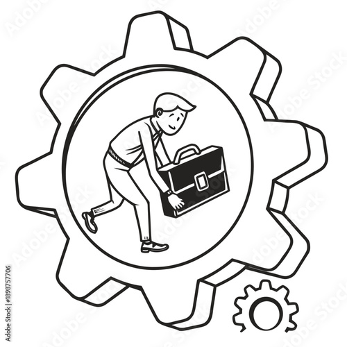 Business Process Gear with Briefcase Line Art