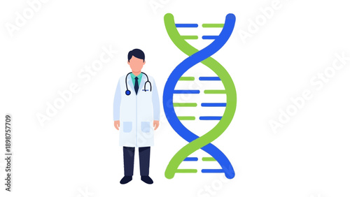 Medical Expert and Genetic Code: A medical professional stands beside a vibrant double helix structure, illustrating the pivotal role of medicine and genetic research.