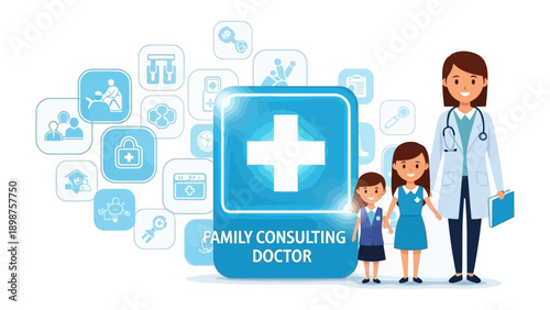 Family Consulting Doctor Illustration: A medical professional, alongside two children, epitomizes family health consulting within a professional context. This image signifies care and well-being.