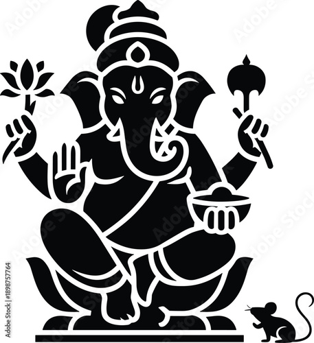 Lord Ganesha silhouette illustration, Hindu god of wisdom and prosperity seated on lotus, spiritual religious icon design isolated on white