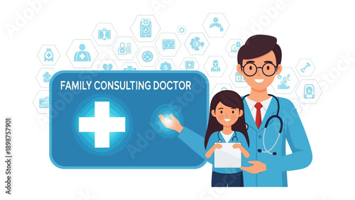 Consulting Doctor with a Patient: A friendly family doctor, accompanied by a young patient, exudes warmth and professionalism, symbolizing trust and quality care.