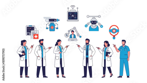 Medical Professionals with Advanced Technology: A group of medical professionals pointing at advanced medical technology in an informative display, illustrating the future of healthcare.