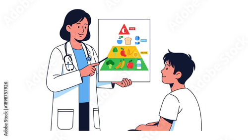 Nutrition Guidance: A healthcare professional presents a visual aid illustrating the principles of balanced nutrition to a patient, fostering a proactive approach to well-being.