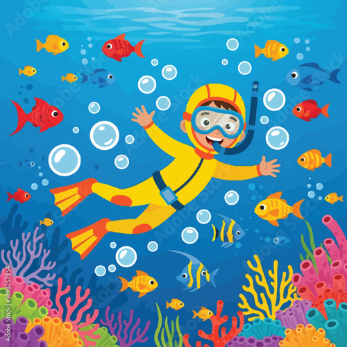 Colorful vector art of smiling boy scuba diving with yellow suit and fins surrounded by tropical fish and coral reef underwater scene