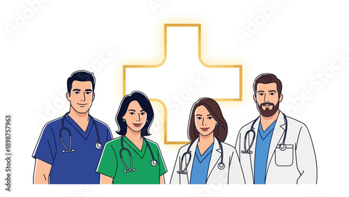 Healthcare Heroes: Dedicated medical professionals, standing united in front of a symbolic cross, embodying care and commitment. A scene capturing their unwavering dedication to healing and health.