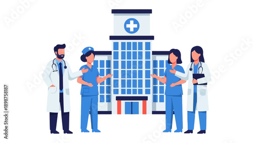Healthcare Professionals: An illustration of dedicated healthcare professionals, including a doctor, a nurse, and other medical staff, standing in front of a modern hospital, symbolizing care.