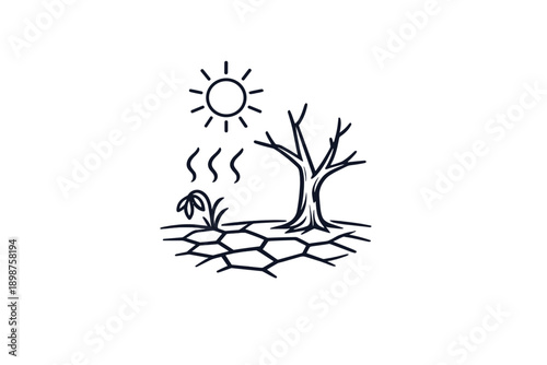 Severe drought and climate change impact line icon with dry land and dead tree