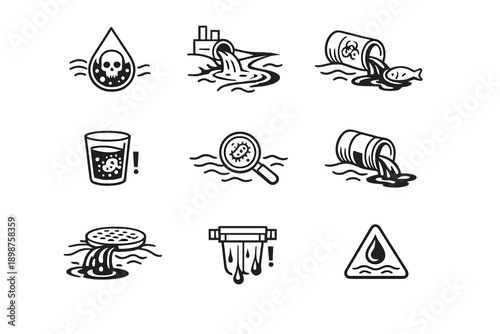 Toxic waste and environmental contamination line icon set for pollution, hazards and ecological damage