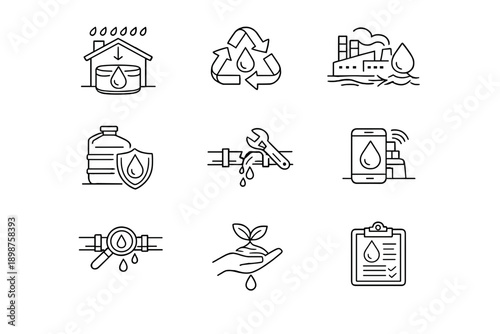Eco industry and environmental sustainability line icon set for resources, recycling and protection