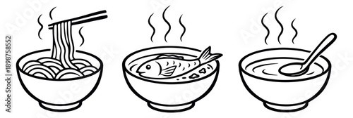 Hand drawn line art food bowls set featuring steaming noodles, fish soup, and a spoon in broth for Asian restaurant menus