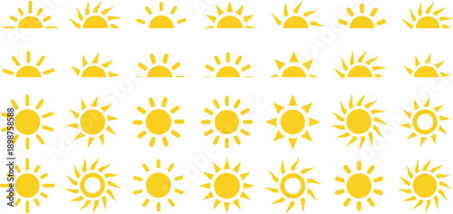 Yellow sun icons set, sunshine and solar glow, sunrise or sunset. Decorative circle full and half suns and sunlight collection. Hot solar energy for tan.
