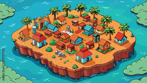 A vibrant cartoon illustration of a picturesque tropical island with colorful houses and palm trees surrounded by blue waters and greenery