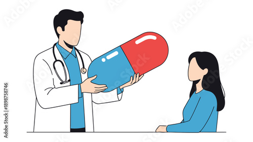 Medical Consultation: A healthcare professional consults with a patient, presenting a symbolic oversized capsule, representing medical care and treatment.