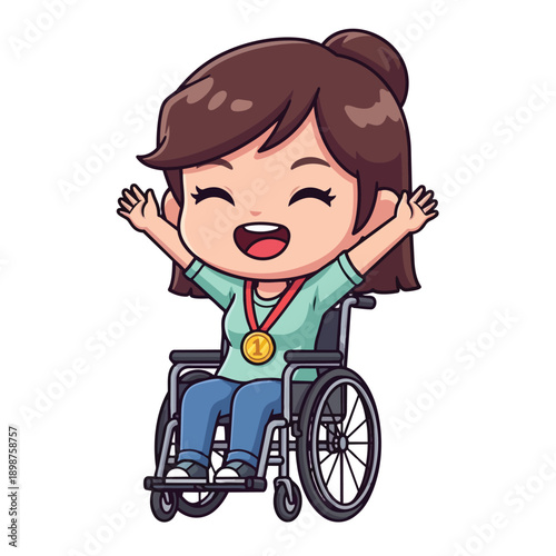 Cute cartoon young woman smiling in wheelchair wearing gold medal celebrating victory with arms raised happily