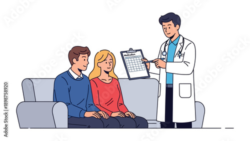 Medical Consultation: A doctor is explaining a medical chart to a couple, the setting possibly being a clinic or consultation room. The scene promotes trust and care in healthcare.